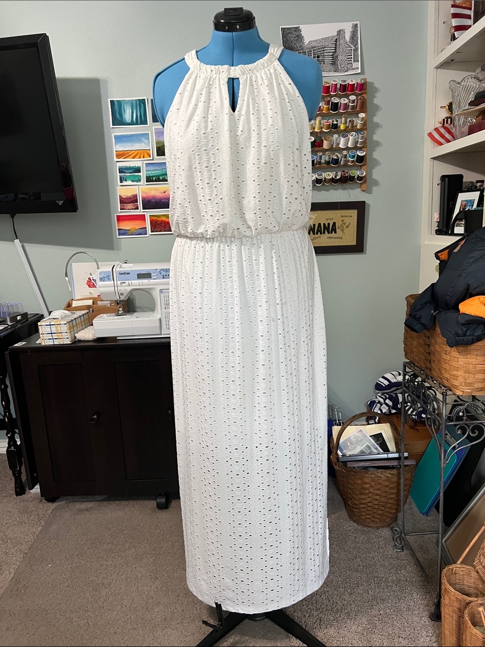 Sleeveless Chico’s White Eyelet Halter Maxi Dress, size 2 (12-14)